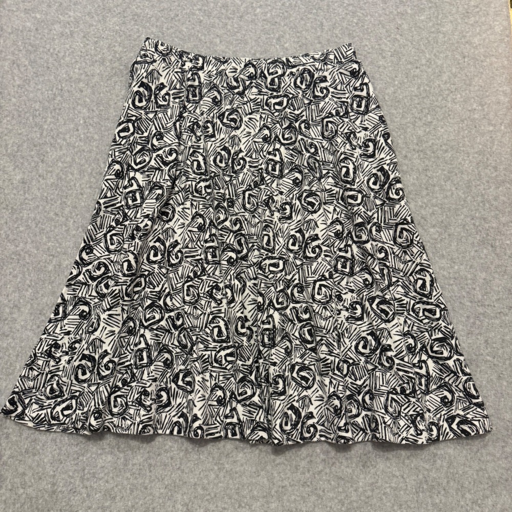Black White Abstract Geometric Print A-Line Midi Cotton Skirt with Pockets Boho